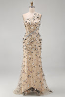 Laden Sie das Bild in den Galerie-Viewer, Aprikosen-Einschulter-Meerjungfrauen-Pailletten hoch niedriges Maxikleid mit 3D-Applikationen