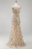 Laden Sie das Bild in den Galerie-Viewer, Aprikosen-Einschulter-Meerjungfrauen-Pailletten hoch niedriges Maxikleid mit 3D-Applikationen