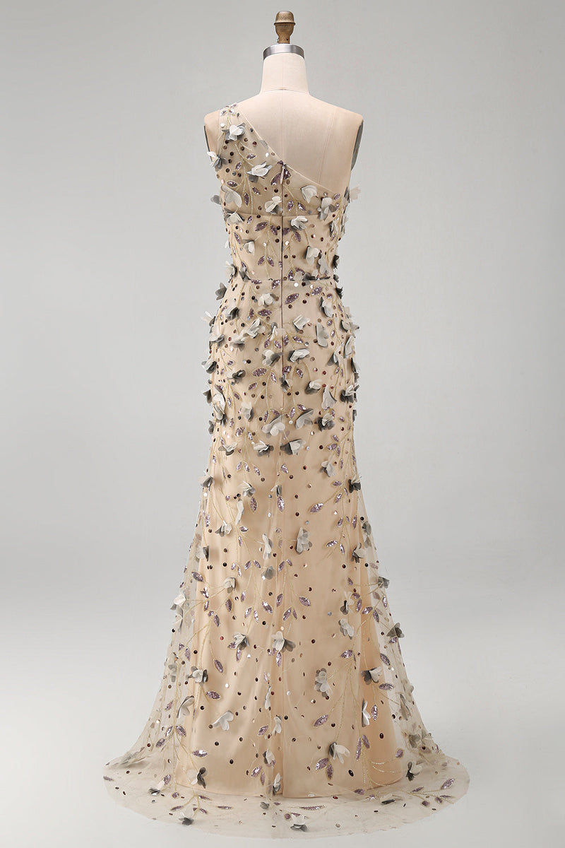 Laden Sie das Bild in den Galerie-Viewer, Aprikosen-Einschulter-Meerjungfrauen-Pailletten hoch niedriges Maxikleid mit 3D-Applikationen