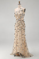 Laden Sie das Bild in den Galerie-Viewer, Aprikosen-Einschulter-Meerjungfrauen-Pailletten hoch niedriges Maxikleid mit 3D-Applikationen
