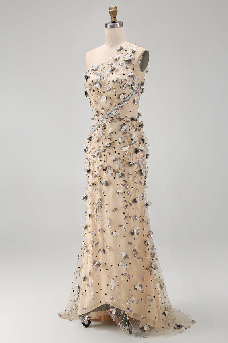 Laden Sie das Bild in den Galerie-Viewer, Aprikosen-Einschulter-Meerjungfrauen-Pailletten hoch niedriges Maxikleid mit 3D-Applikationen