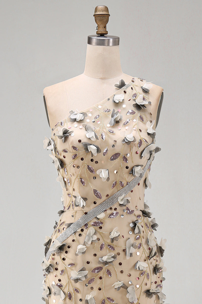 Laden Sie das Bild in den Galerie-Viewer, Aprikosen-Einschulter-Meerjungfrauen-Pailletten hoch niedriges Maxikleid mit 3D-Applikationen