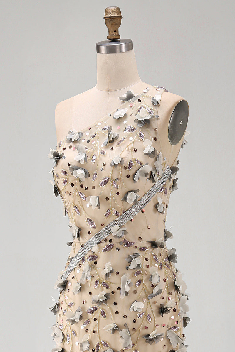 Laden Sie das Bild in den Galerie-Viewer, Aprikosen-Einschulter-Meerjungfrauen-Pailletten hoch niedriges Maxikleid mit 3D-Applikationen