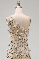 Laden Sie das Bild in den Galerie-Viewer, Aprikosen-Einschulter-Meerjungfrauen-Pailletten hoch niedriges Maxikleid mit 3D-Applikationen