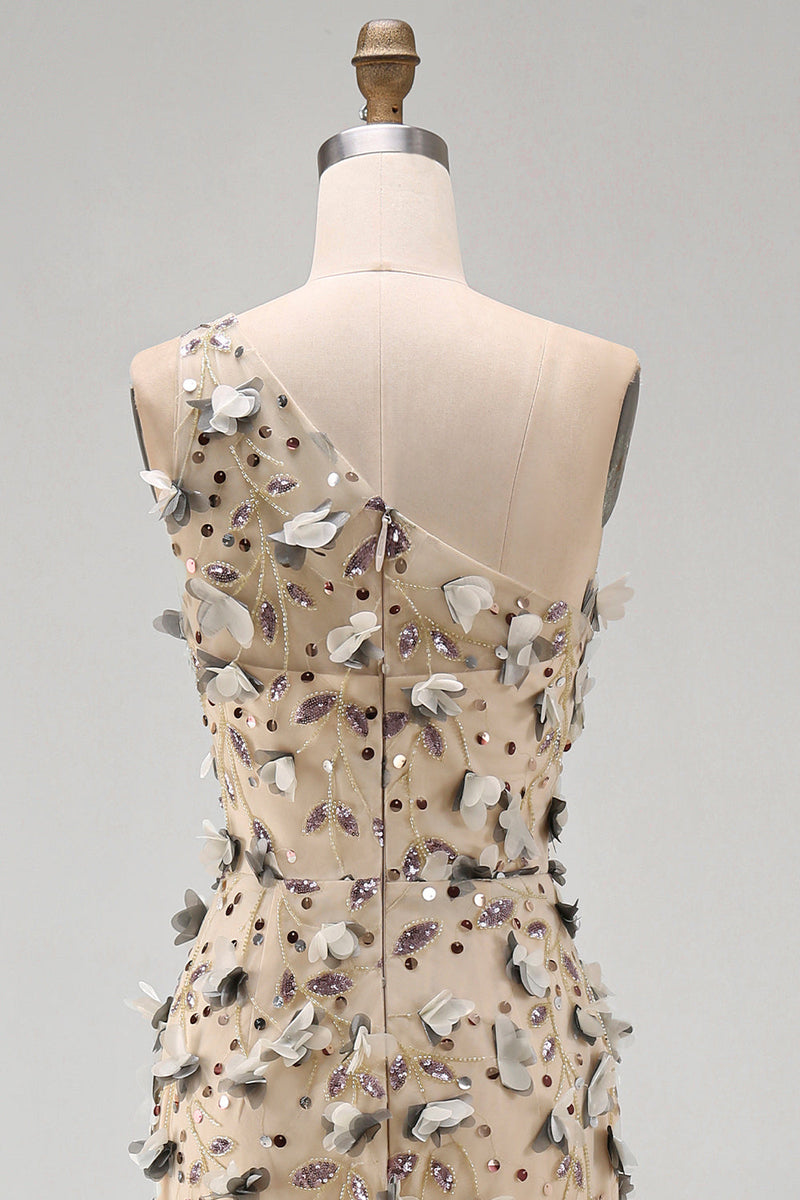 Laden Sie das Bild in den Galerie-Viewer, Aprikosen-Einschulter-Meerjungfrauen-Pailletten hoch niedriges Maxikleid mit 3D-Applikationen
