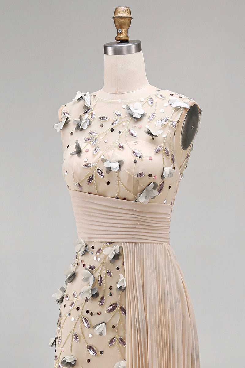 Laden Sie das Bild in den Galerie-Viewer, Aprikosen Illusion Rundhals Scheide Plissiertes Pailletten Langes Festliches Kleid mit 3D-Applikationen