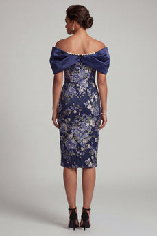 Marineblau schulterfreier floraler Bodycon Midi Mutter-der-Braut-Kleid mit Perlen