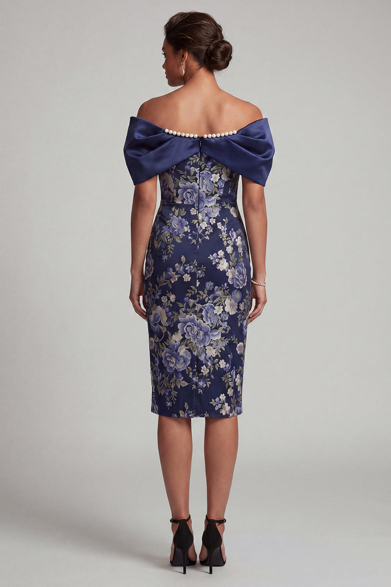 Laden Sie das Bild in den Galerie-Viewer, Marineblau schulterfreier floraler Bodycon Midi Mutter-der-Braut-Kleid mit Perlen