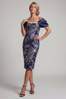 Laden Sie das Bild in den Galerie-Viewer, Marineblau schulterfreier floraler Bodycon Midi Mutter-der-Braut-Kleid mit Perlen