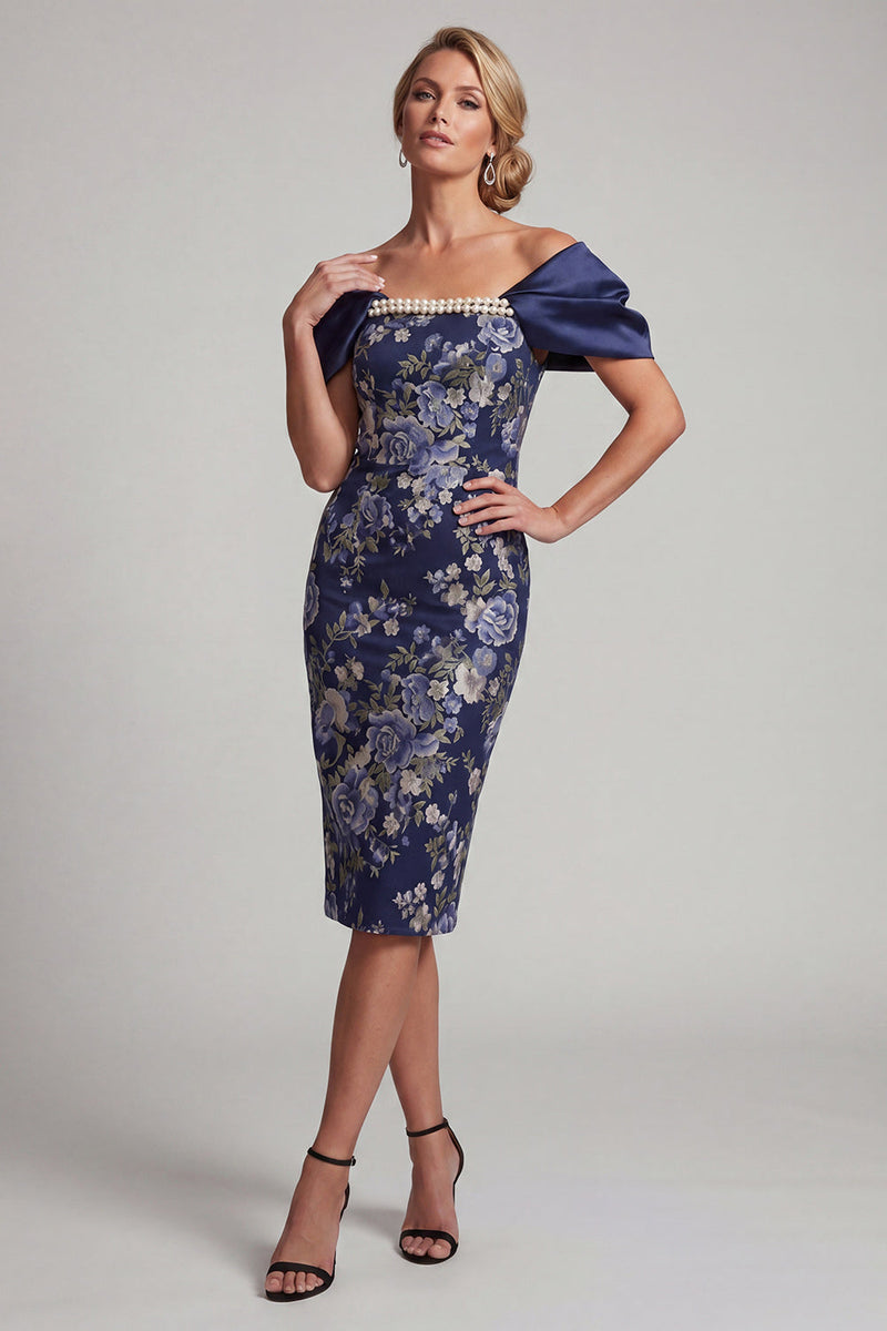 Laden Sie das Bild in den Galerie-Viewer, Marineblau schulterfreier floraler Bodycon Midi Mutter-der-Braut-Kleid mit Perlen