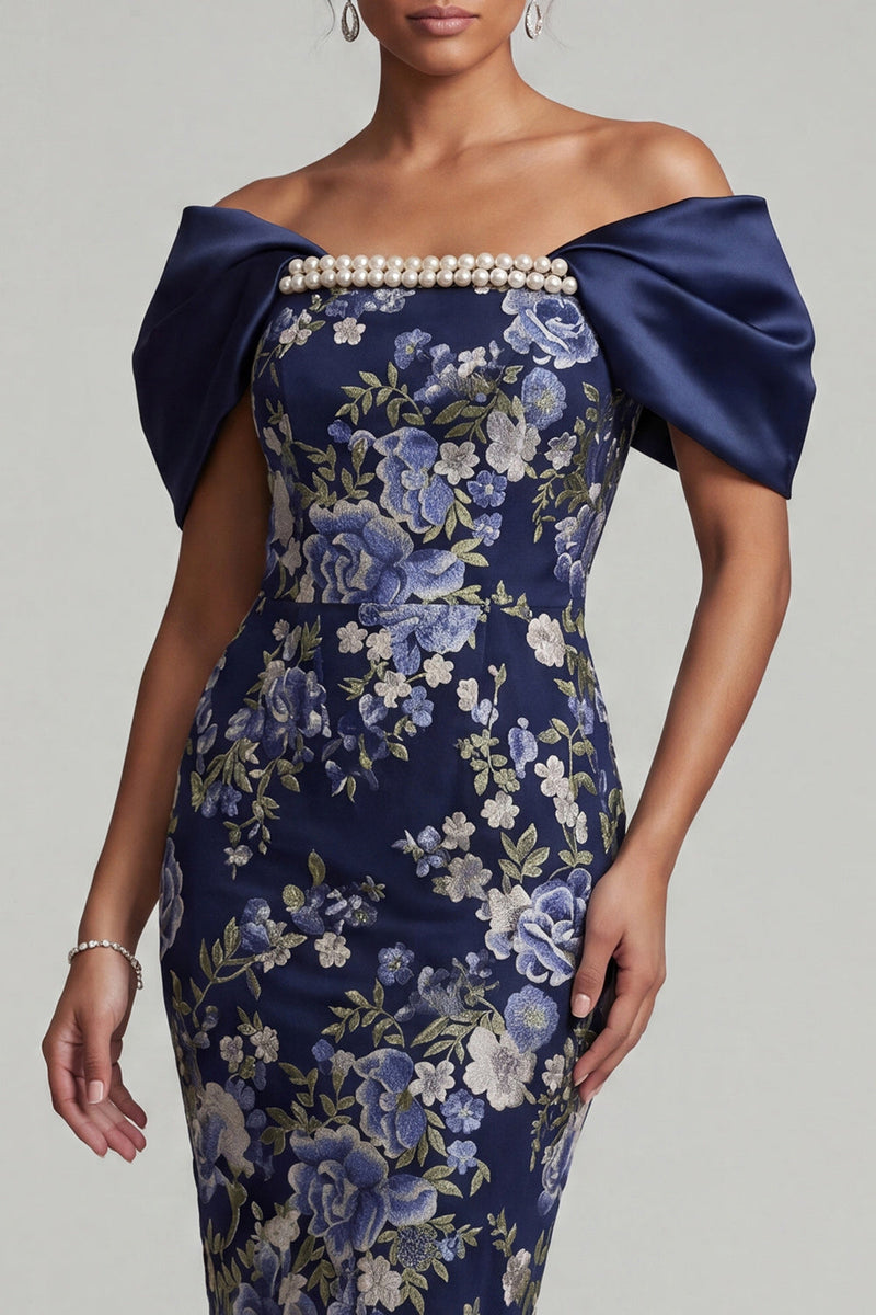 Laden Sie das Bild in den Galerie-Viewer, Marineblau schulterfreier floraler Bodycon Midi Mutter-der-Braut-Kleid mit Perlen