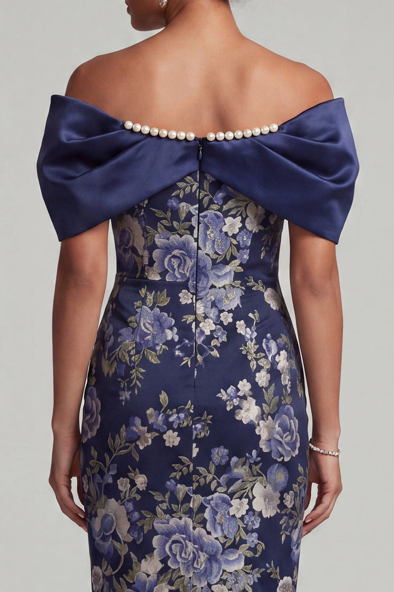 Laden Sie das Bild in den Galerie-Viewer, Marineblau schulterfreier floraler Bodycon Midi Mutter-der-Braut-Kleid mit Perlen