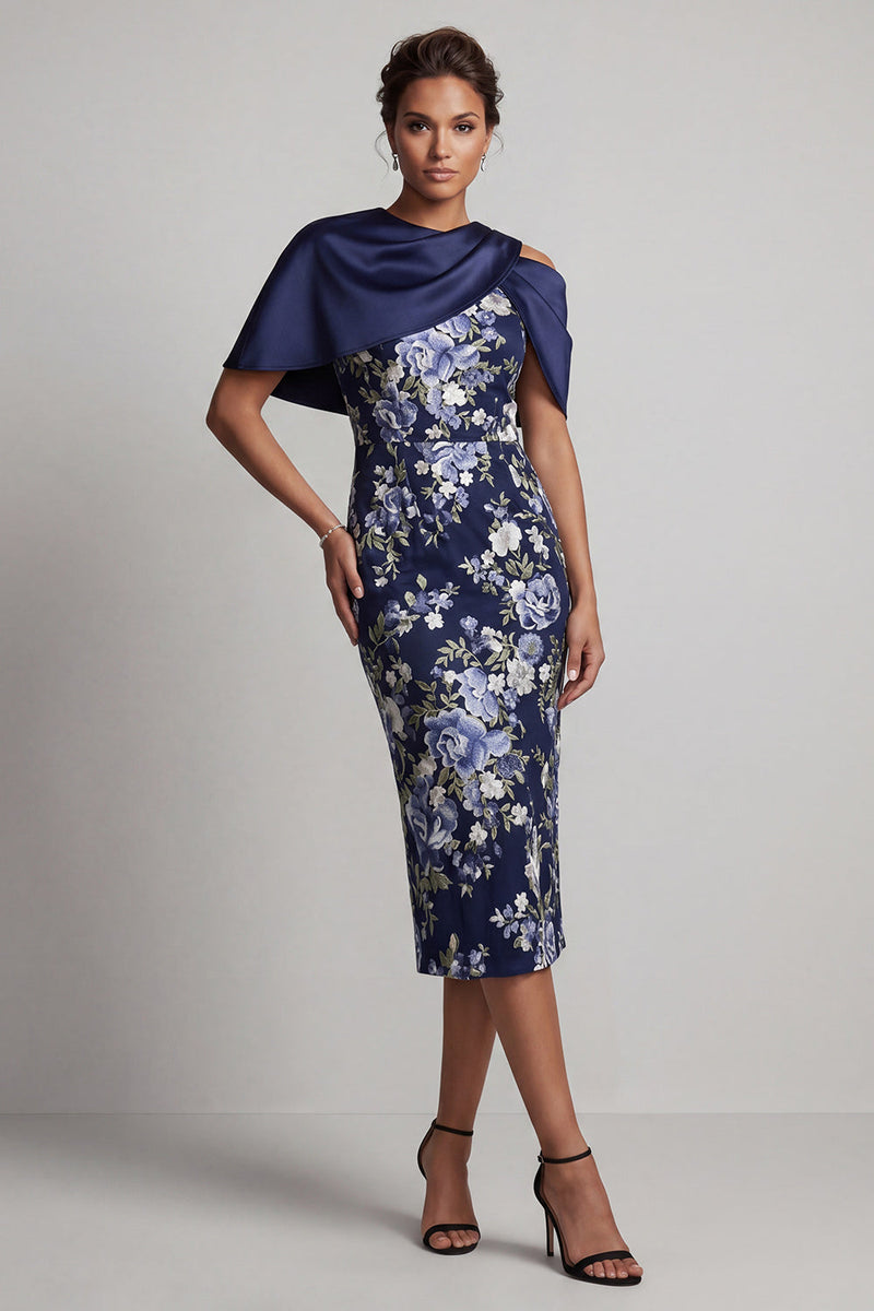 Laden Sie das Bild in den Galerie-Viewer, Marineblauer floraler Bodycon Midi Mutter der Braut Kleid mit Umhang