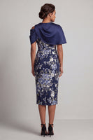 Laden Sie das Bild in den Galerie-Viewer, Marineblauer floraler Bodycon Midi Mutter der Braut Kleid mit Umhang