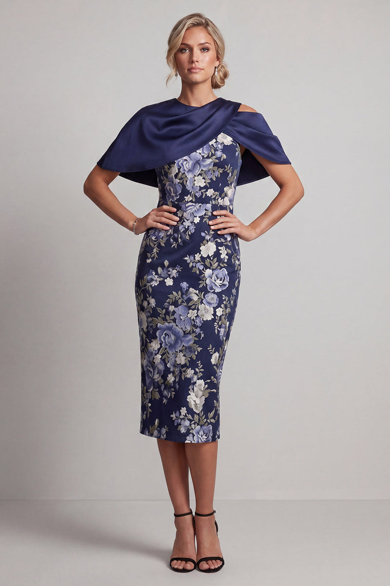 Laden Sie das Bild in den Galerie-Viewer, Marineblauer floraler Bodycon Midi Mutter der Braut Kleid mit Umhang