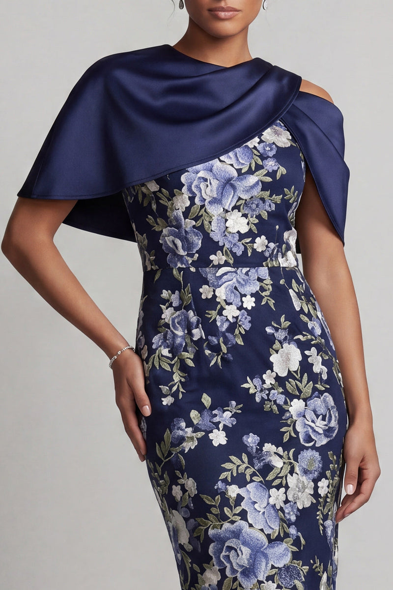 Laden Sie das Bild in den Galerie-Viewer, Marineblauer floraler Bodycon Midi Mutter der Braut Kleid mit Umhang