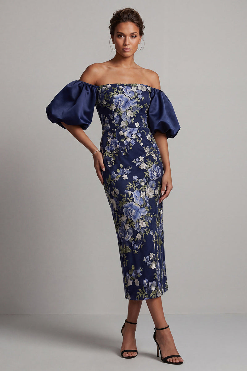 Laden Sie das Bild in den Galerie-Viewer, Off-the-shoulder marineblauer floraler Bodycon Midi-Mutter-der-Braut-Kleid mit Puffärmeln