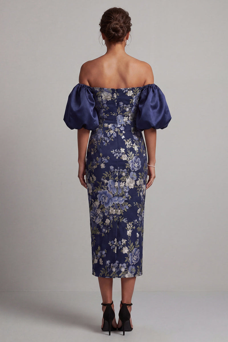 Laden Sie das Bild in den Galerie-Viewer, Off-the-shoulder marineblauer floraler Bodycon Midi-Mutter-der-Braut-Kleid mit Puffärmeln