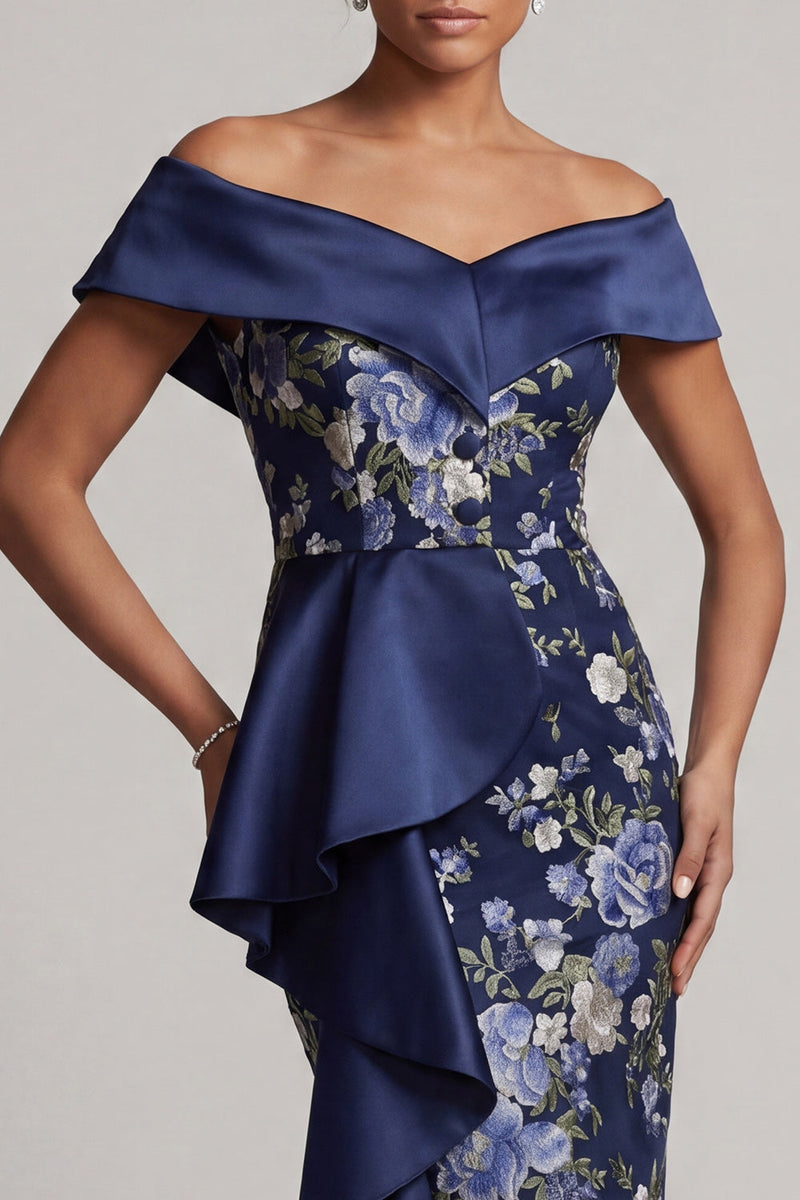 Laden Sie das Bild in den Galerie-Viewer, Off-the-shoulder marineblauer Bodycon Bodycon Midi Mutter der Braut mit Rüschen