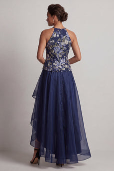 A-Line marineblauer Blumenhalsausschnitt mit hohem niedrigem Mutter-der-Braut-Kleid