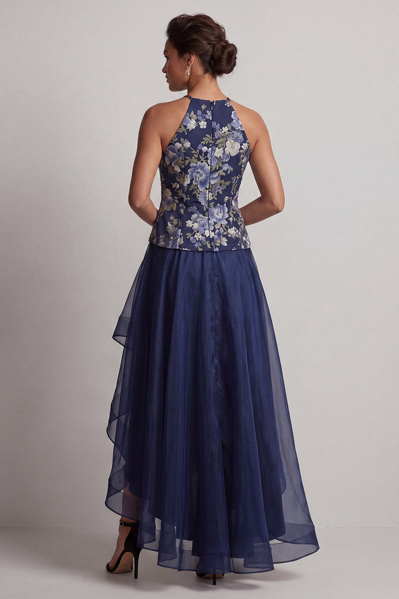 Laden Sie das Bild in den Galerie-Viewer, A-Line marineblauer Blumenhalsausschnitt mit hohem niedrigem Mutter-der-Braut-Kleid