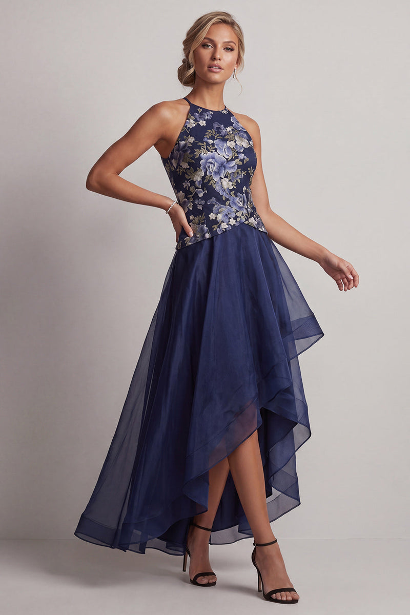 Laden Sie das Bild in den Galerie-Viewer, A-Line marineblauer Blumenhalsausschnitt mit hohem niedrigem Mutter-der-Braut-Kleid