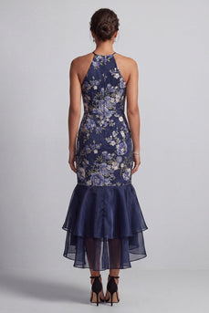 Marineblauer Blumenneckholderhals Meerjungfrau Long Mother Of the Bride Kleid mit Rüschen