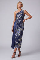 Laden Sie das Bild in den Galerie-Viewer, Einschulterblauer floraler Bodycon Midi-Mutter-der-Braut-Kleid mit Schärpe