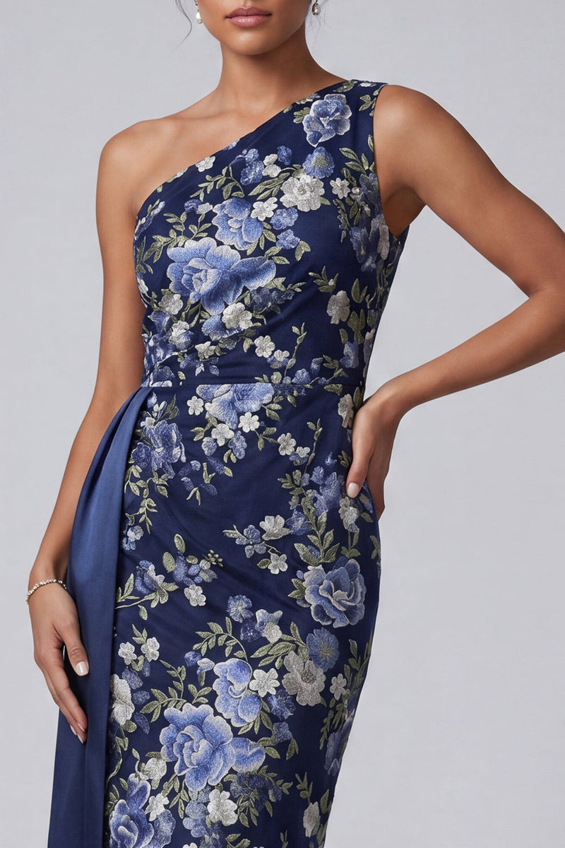 Laden Sie das Bild in den Galerie-Viewer, Einschulterblauer floraler Bodycon Midi-Mutter-der-Braut-Kleid mit Schärpe
