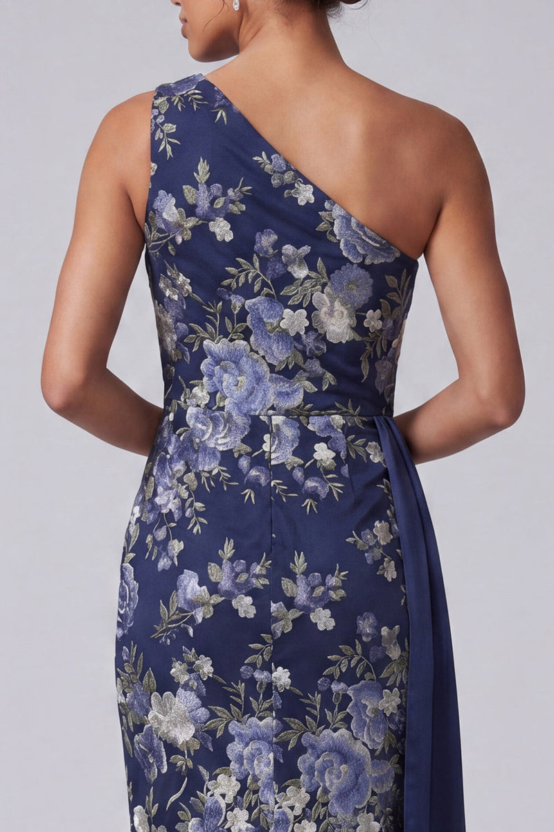 Laden Sie das Bild in den Galerie-Viewer, Einschulterblauer floraler Bodycon Midi-Mutter-der-Braut-Kleid mit Schärpe