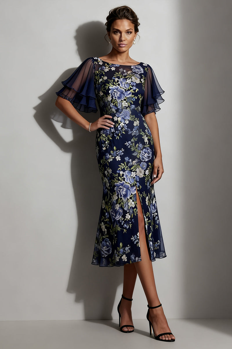 Laden Sie das Bild in den Galerie-Viewer, Meerjungfrauen-Marineblauer Blumen-Jacquard-Bateau-Ausschnitt Midi-Mutter-der-Braut-Kleid mit Schlitz