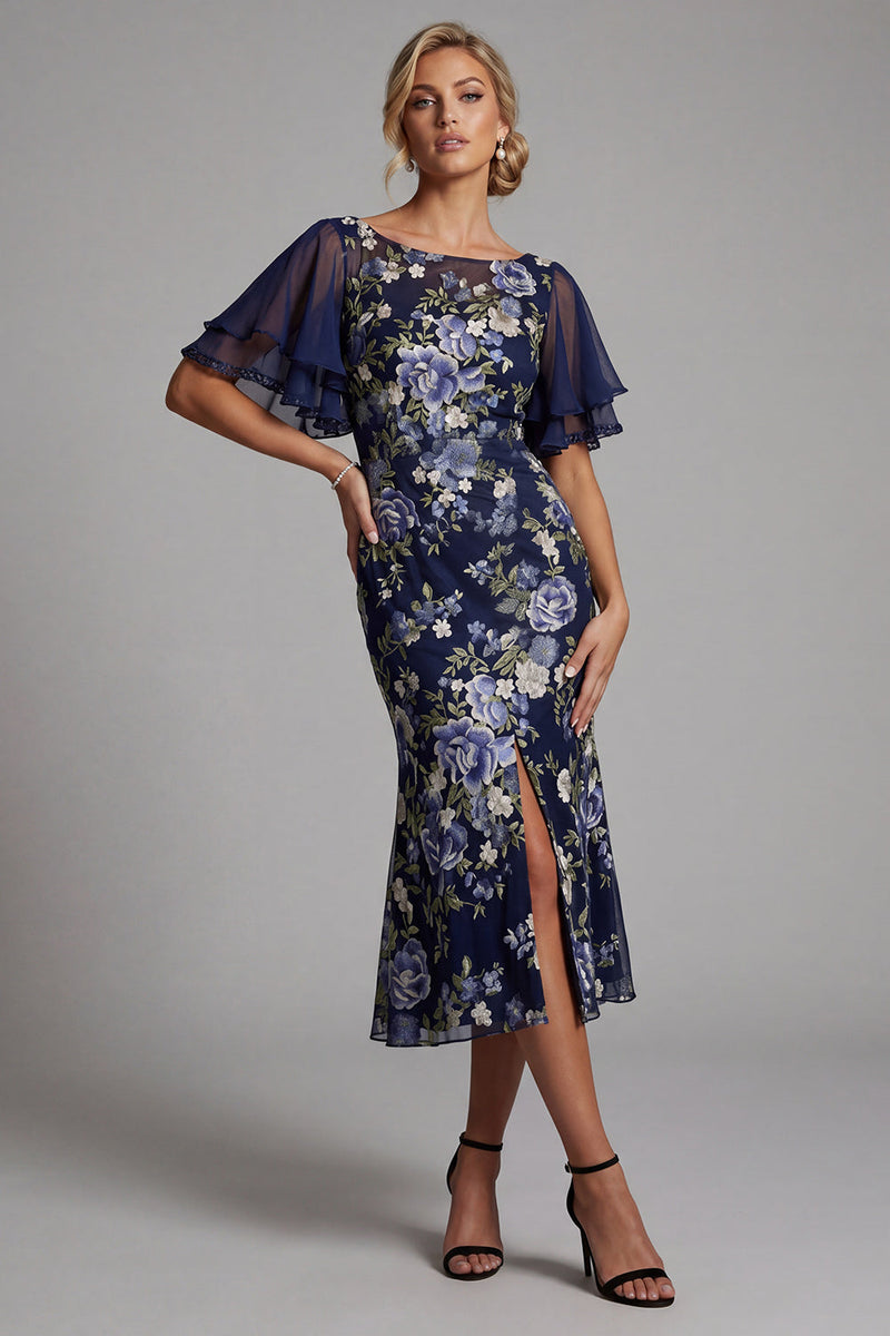 Laden Sie das Bild in den Galerie-Viewer, Meerjungfrauen-Marineblauer Blumen-Jacquard-Bateau-Ausschnitt Midi-Mutter-der-Braut-Kleid mit Schlitz