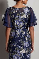 Laden Sie das Bild in den Galerie-Viewer, Meerjungfrauen-Marineblauer Blumen-Jacquard-Bateau-Ausschnitt Midi-Mutter-der-Braut-Kleid mit Schlitz