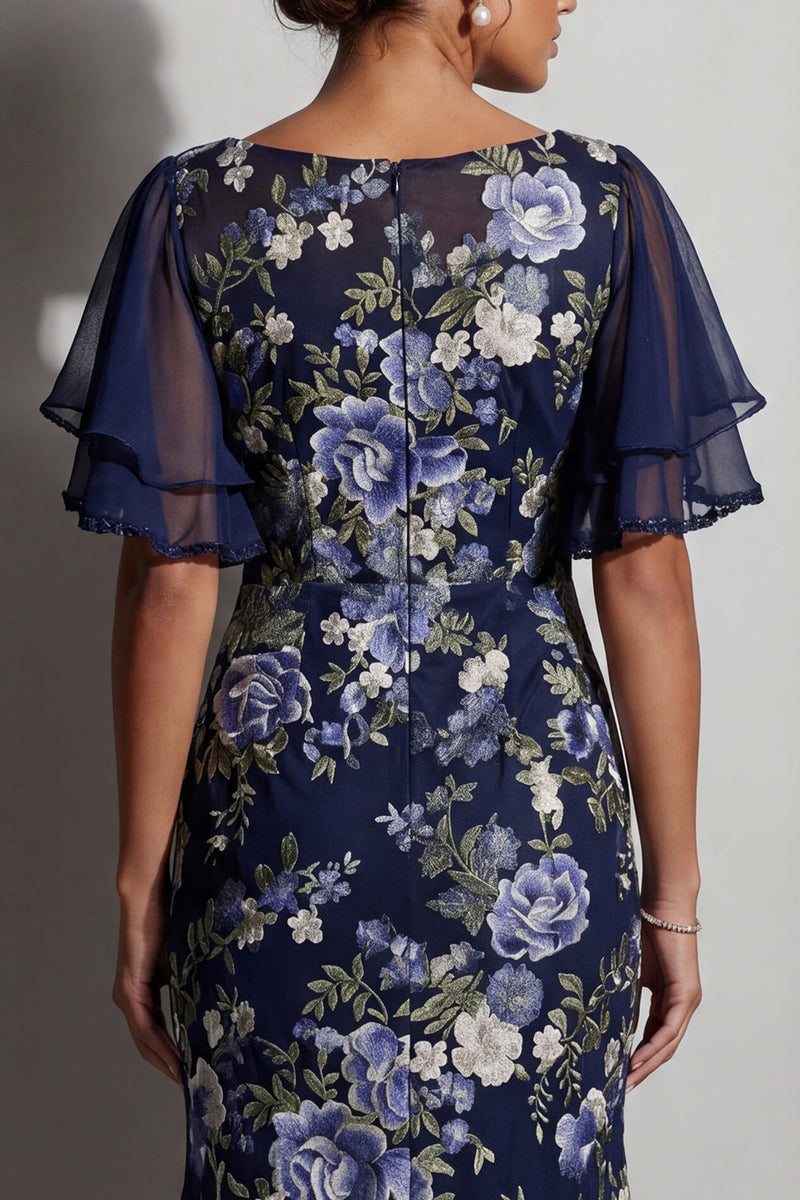 Laden Sie das Bild in den Galerie-Viewer, Meerjungfrauen-Marineblauer Blumen-Jacquard-Bateau-Ausschnitt Midi-Mutter-der-Braut-Kleid mit Schlitz