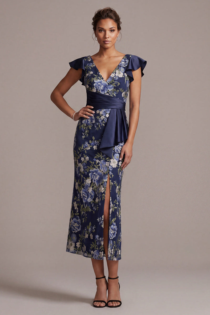 Laden Sie das Bild in den Galerie-Viewer, Meerjungfrauenblauer V-Ausschnitt Jacquard Midi Mutter der Braut Kleid mit Schlitz