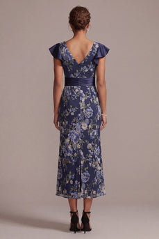 Meerjungfrauenblauer V-Ausschnitt Jacquard Midi Mutter der Braut Kleid mit Schlitz