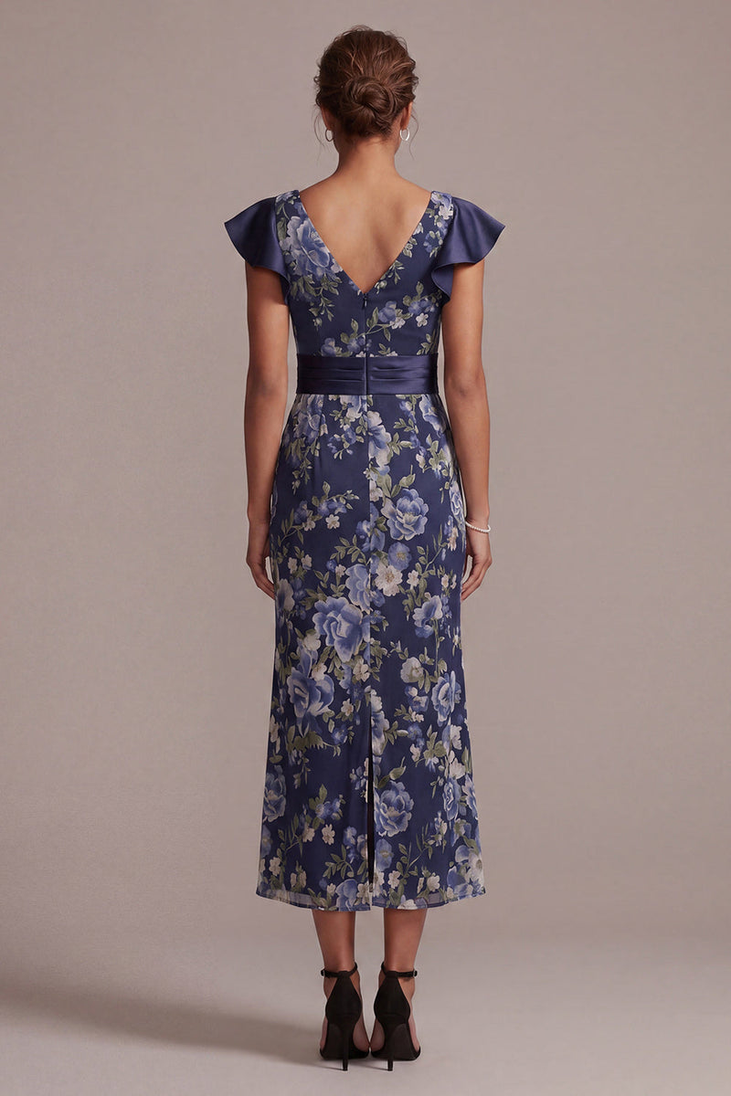 Laden Sie das Bild in den Galerie-Viewer, Meerjungfrauenblauer V-Ausschnitt Jacquard Midi Mutter der Braut Kleid mit Schlitz