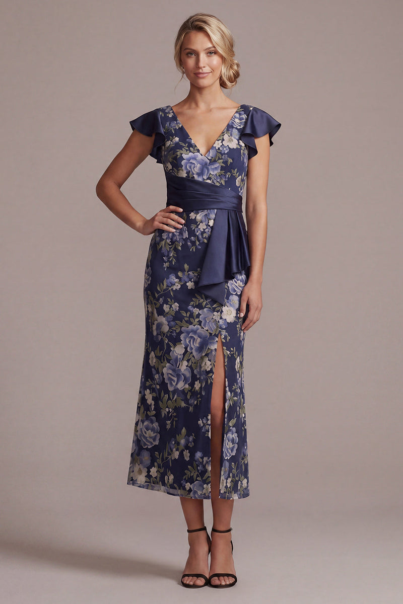 Laden Sie das Bild in den Galerie-Viewer, Meerjungfrauenblauer V-Ausschnitt Jacquard Midi Mutter der Braut Kleid mit Schlitz