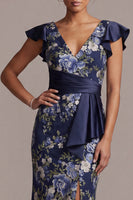 Laden Sie das Bild in den Galerie-Viewer, Meerjungfrauenblauer V-Ausschnitt Jacquard Midi Mutter der Braut Kleid mit Schlitz