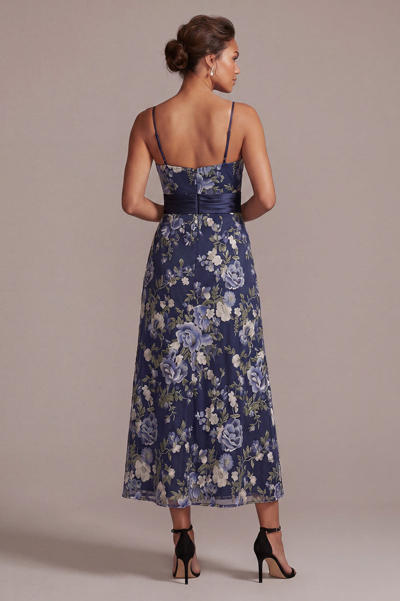 Laden Sie das Bild in den Galerie-Viewer, A-Line marineblaue Blumen-Spaghettiträger Midi-Mutter-der-Braut-Kleid