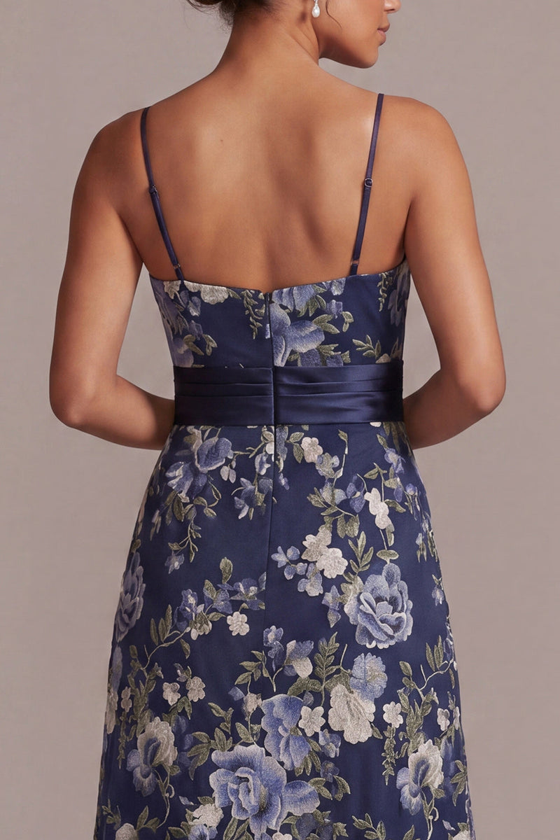 Laden Sie das Bild in den Galerie-Viewer, A-Line marineblaue Blumen-Spaghettiträger Midi-Mutter-der-Braut-Kleid