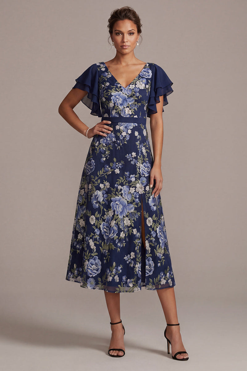 Laden Sie das Bild in den Galerie-Viewer, Navy A-Linie floraler V-Ausschnitt Midi-Mutter der Braut Kleid mit Schlitz