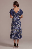 Laden Sie das Bild in den Galerie-Viewer, Navy A-Linie floraler V-Ausschnitt Midi-Mutter der Braut Kleid mit Schlitz
