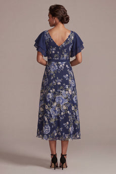 Navy A-Linie floraler V-Ausschnitt Midi-Mutter der Braut Kleid mit Schlitz