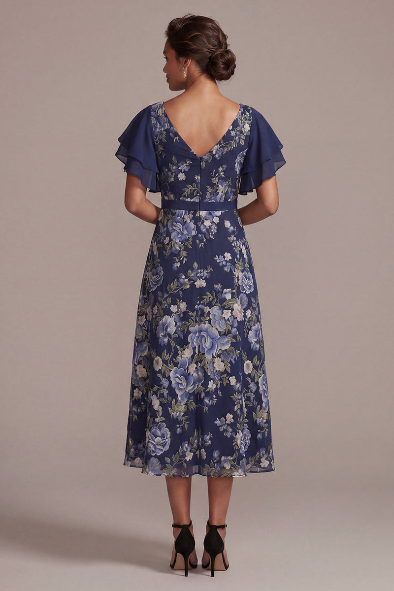 Laden Sie das Bild in den Galerie-Viewer, Navy A-Linie floraler V-Ausschnitt Midi-Mutter der Braut Kleid mit Schlitz