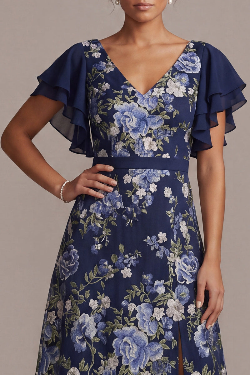 Laden Sie das Bild in den Galerie-Viewer, Navy A-Linie floraler V-Ausschnitt Midi-Mutter der Braut Kleid mit Schlitz
