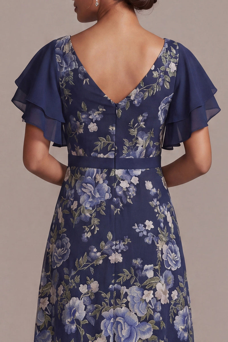 Laden Sie das Bild in den Galerie-Viewer, Navy A-Linie floraler V-Ausschnitt Midi-Mutter der Braut Kleid mit Schlitz
