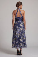 Laden Sie das Bild in den Galerie-Viewer, Marineblauer A-Linien-Neckholderhals Blumen-Midi-Mutter-der-Braut-Kleid