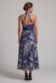 Marineblauer A-Linien-Neckholderhals Blumen-Midi-Mutter-der-Braut-Kleid