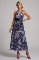 Laden Sie das Bild in den Galerie-Viewer, Marineblauer A-Linien-Neckholderhals Blumen-Midi-Mutter-der-Braut-Kleid